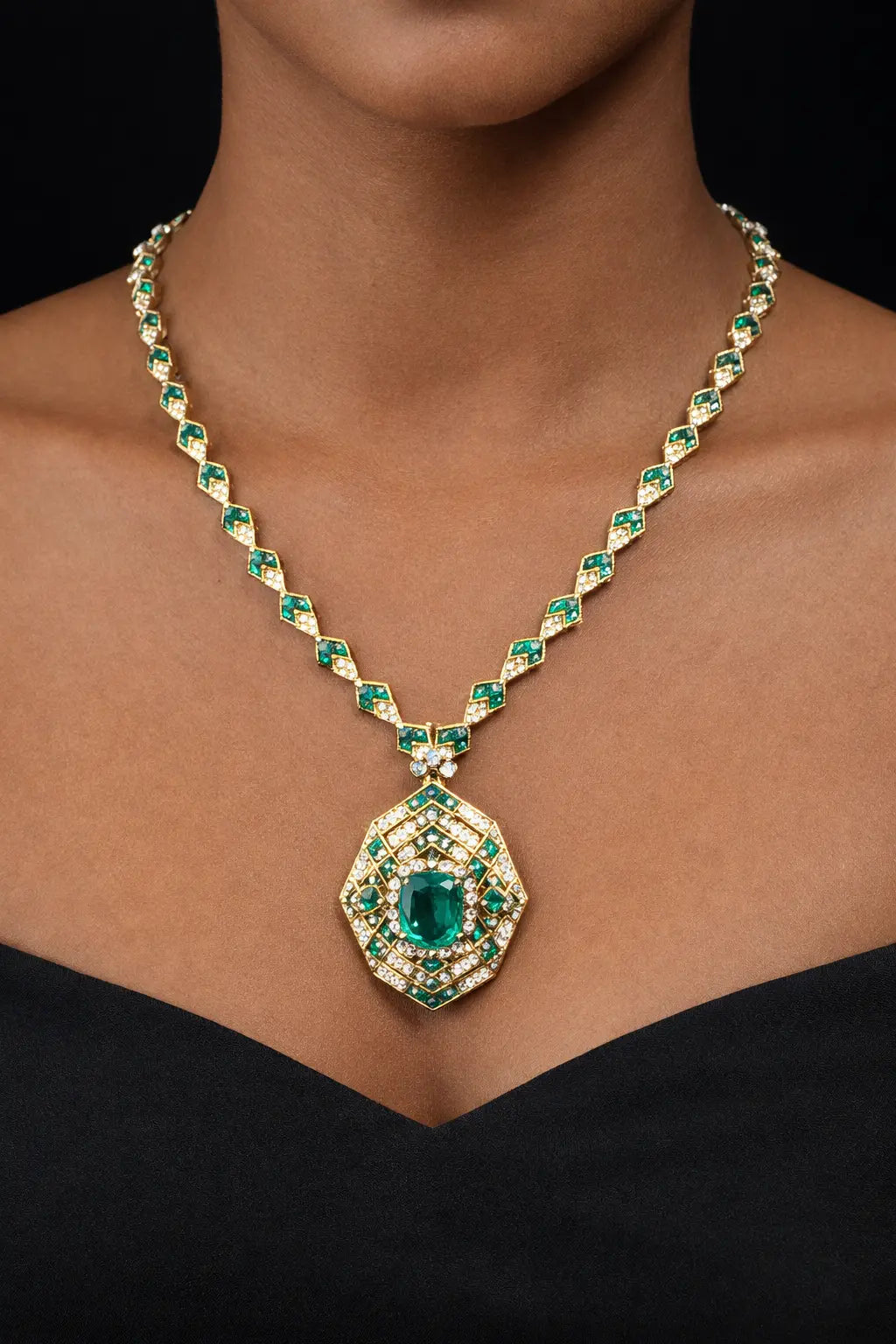 Necklace+earings: Weight 80gms[14ct]+ 50ct[Green stones]+8ct[lab grown]
