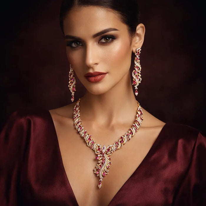 (Earring, TD-499) (Necklace, MSD-105) Diamond Necklace With Earrings Hallmarked (Necklace in Diamond with Rubies, Dia-5.60 ct, Gold - 68.170 in 18 kt Purity Earring in Diamond with Rubies Dia -2.96 ct, Gold - 27.385, in 14 kt Purity, Ruby - 14.97 ct)