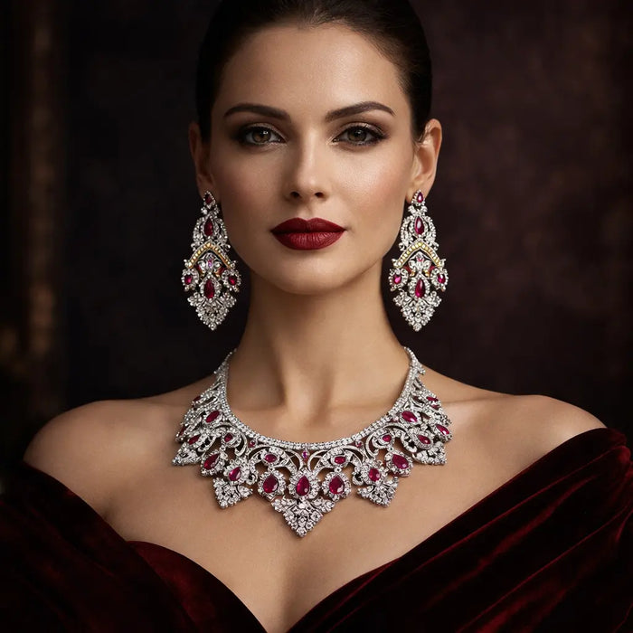 (Earring- BSD-62-A), (Necklace- BSD-62) Diamond Necklace With Earrings Hallmarked (Necklace in Diamond with back chain Dia -9.97 ct, Gold - 77.350 in 14 kt Purity, Cost of Rubies,Earring in Diamond with Ruby Dia-6.37 ct, Gold-39.585 in 14 kt Purity,