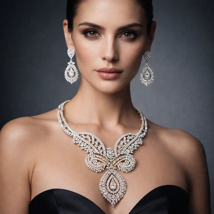 Necklace (MSD-78) and earring (TD-479) Diamond Necklace With Earrings Hallmarked (Necklace in Diamond Dia-15.71 ct, Gold - 60.207, in 14 kt Purity, Earring in Diamond Dia-11.52 ct, Gold-37.365, in 14 kt Purity)