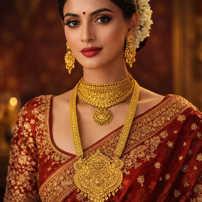 Gold necklace 72.850 Gold earring 21.555 in 91.6 22KT purity MSG-302 and MSG-302-A , Gold Chic Set, Necklace - 35 Grams, Earrings - 14.850 Grams. Total Weight - 49.850 Grams, 22CT, 91.6% Purity