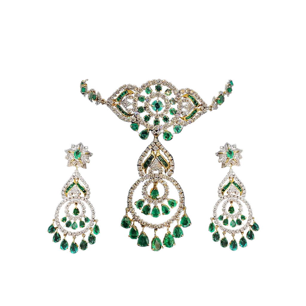 (MSD-16) Diamond Necklace With Earrings Hallmarked (Chik in Diamind with Emerald Dia-4.17ct (P),4.08ct (Chik)-8.25ct Gold-54.463, in 14 kt Purity, Emerald in Chik & P, 16.42ct,Earring in diamond with Emerald Dia-6.08ct, Gold-39.000 grms in  emerald 1