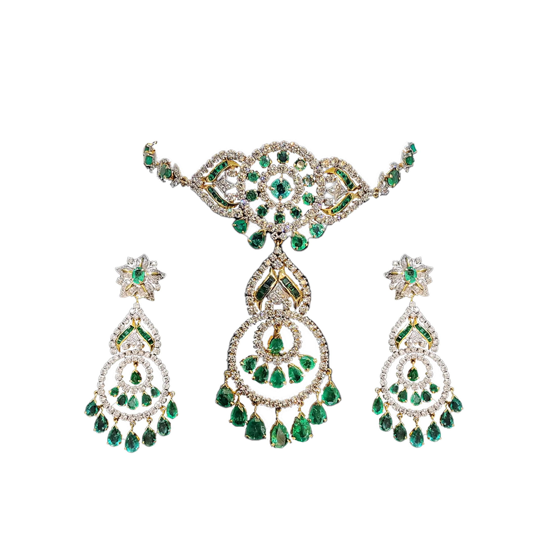 (MSD-16) Diamond Necklace With Earrings Hallmarked (Chik in Diamind with Emerald Dia-4.17ct (P),4.08ct (Chik)-8.25ct Gold-54.463, in 14 kt Purity, Emerald in Chik & P, 16.42ct,Earring in diamond with Emerald Dia-6.08ct, Gold-39.000 grms in  emerald 1