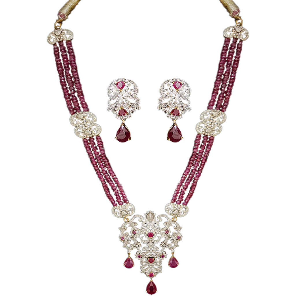 (PSD-211) Diamond Necklace With Earrings Hallmarked (Dia-5.24 ct, in Pendant Dia-5.24 ct, in Tiks, Gold-31.650-Pendant Gold-26.930-Tiks in 14 kt gold Purity, Rubies Pendant,17.20)