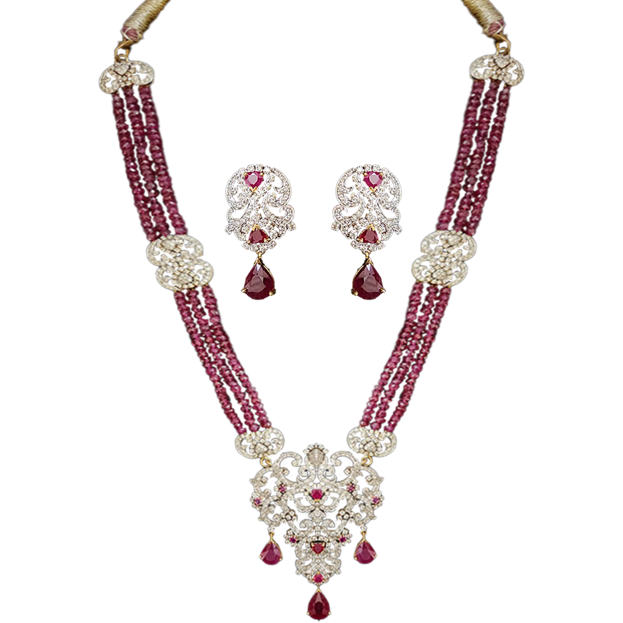 (PSD-211) Diamond Necklace With Earrings Hallmarked (Dia-5.24 ct, in Pendant Dia-5.24 ct, in Tiks, Gold-31.650-Pendant Gold-26.930-Tiks in 14 kt gold Purity, Rubies Pendant,17.20)