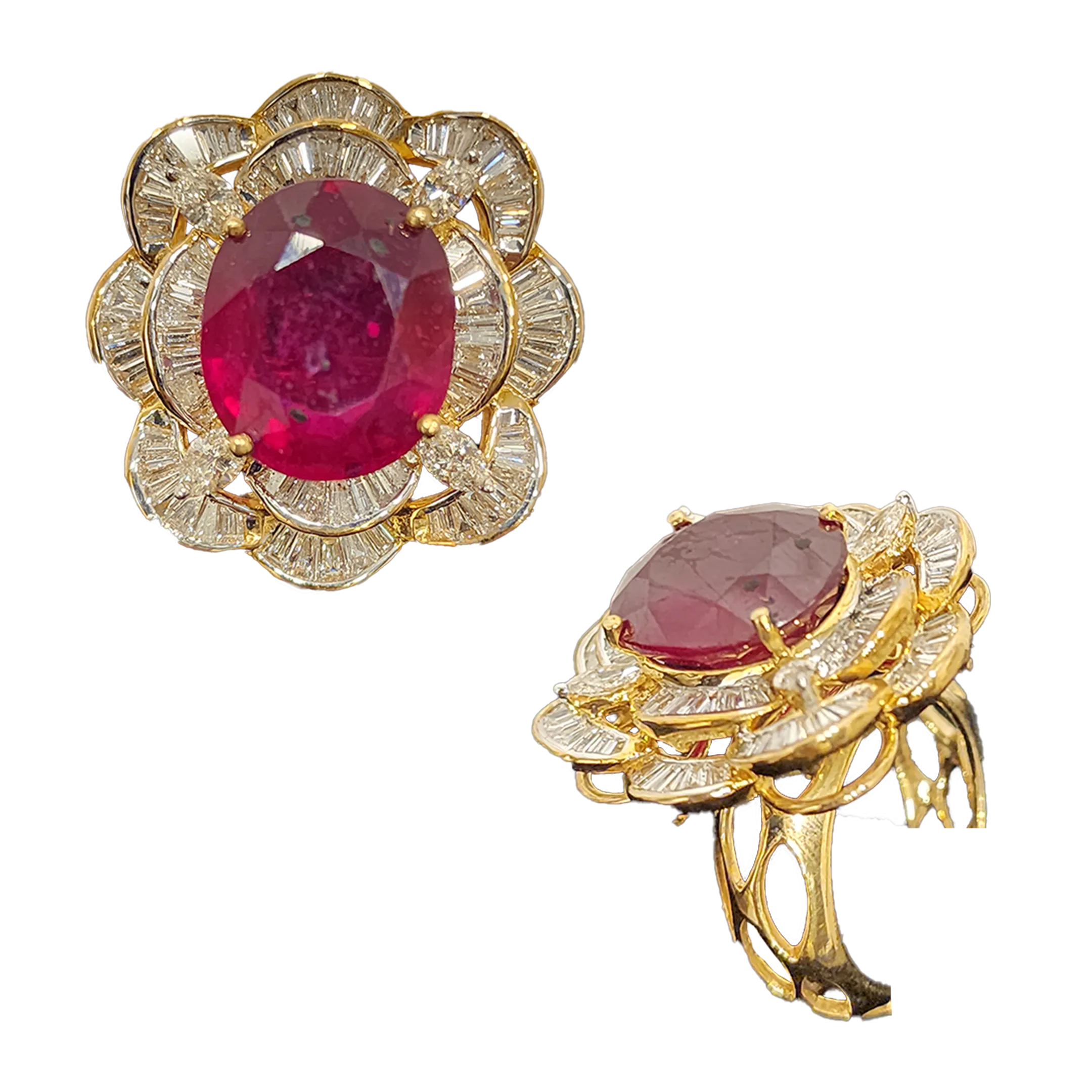 (RDL-580) Ladies Diamond Rings in 14/18CT Hallmarked Gold (Diamond 1.79CT ,red stone 10.37CT, Gold 14Kt 11.28 grams)