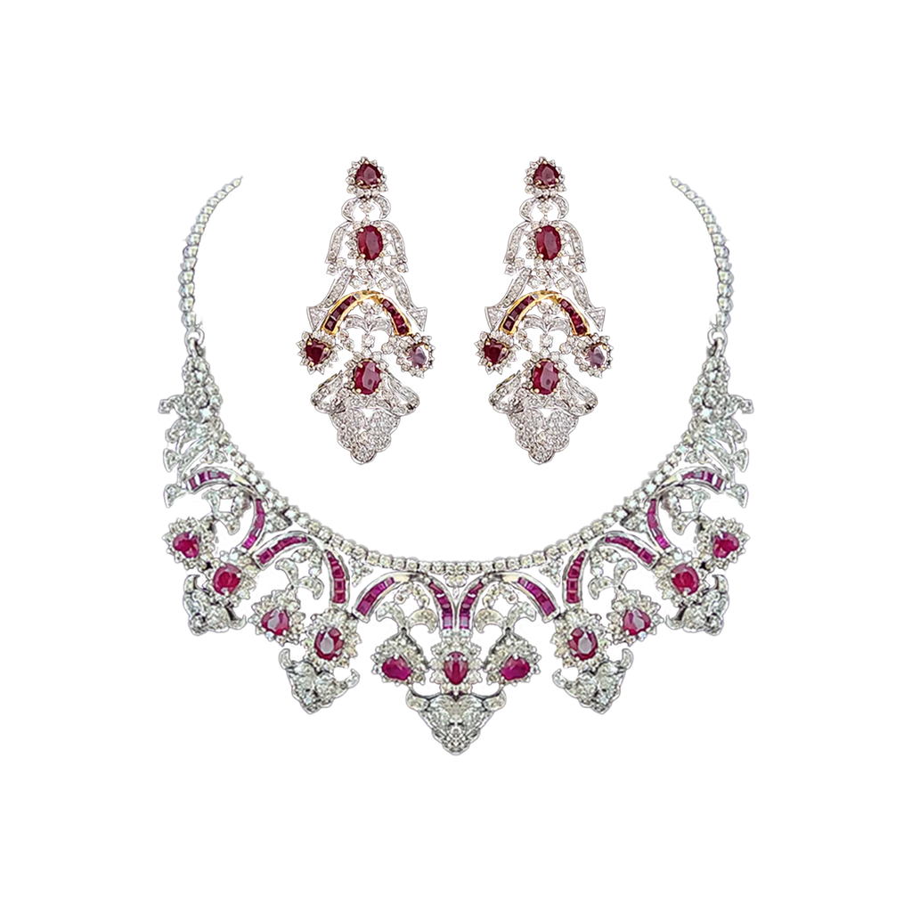 (Earring- BSD-62-A), (Necklace- BSD-62) Diamond Necklace With Earrings Hallmarked (Necklace in Diamond with back chain Dia -9.97 ct, Gold - 77.350 in 14 kt Purity, Cost of Rubies,Earring in Diamond with Ruby Dia-6.37 ct, Gold-39.585 in 14 kt Purity,