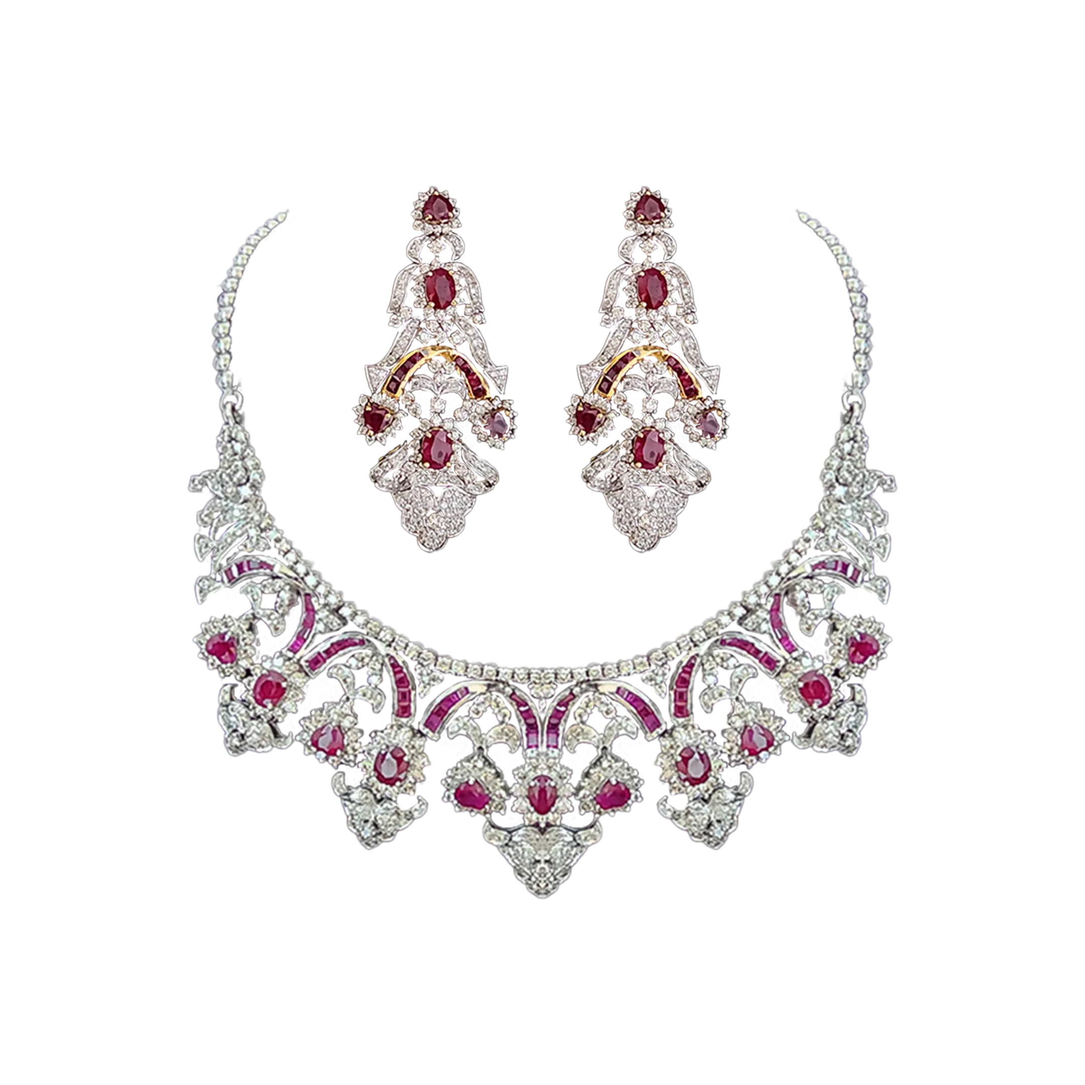 (Earring- BSD-62-A), (Necklace- BSD-62) Diamond Necklace With Earrings Hallmarked (Necklace in Diamond with back chain Dia -9.97 ct, Gold - 77.350 in 14 kt Purity, Cost of Rubies,Earring in Diamond with Ruby Dia-6.37 ct, Gold-39.585 in 14 kt Purity,