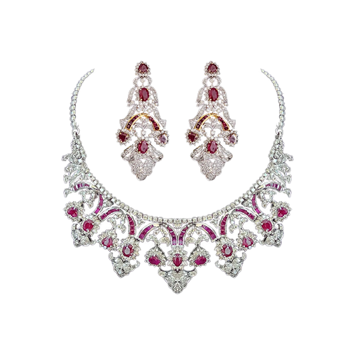 (Earring- BSD-62-A), (Necklace- BSD-62) Diamond Necklace With Earrings Hallmarked (Necklace in Diamond with back chain Dia -9.97 ct, Gold - 77.350 in 14 kt Purity, Cost of Rubies,Earring in Diamond with Ruby Dia-6.37 ct, Gold-39.585 in 14 kt Purity,