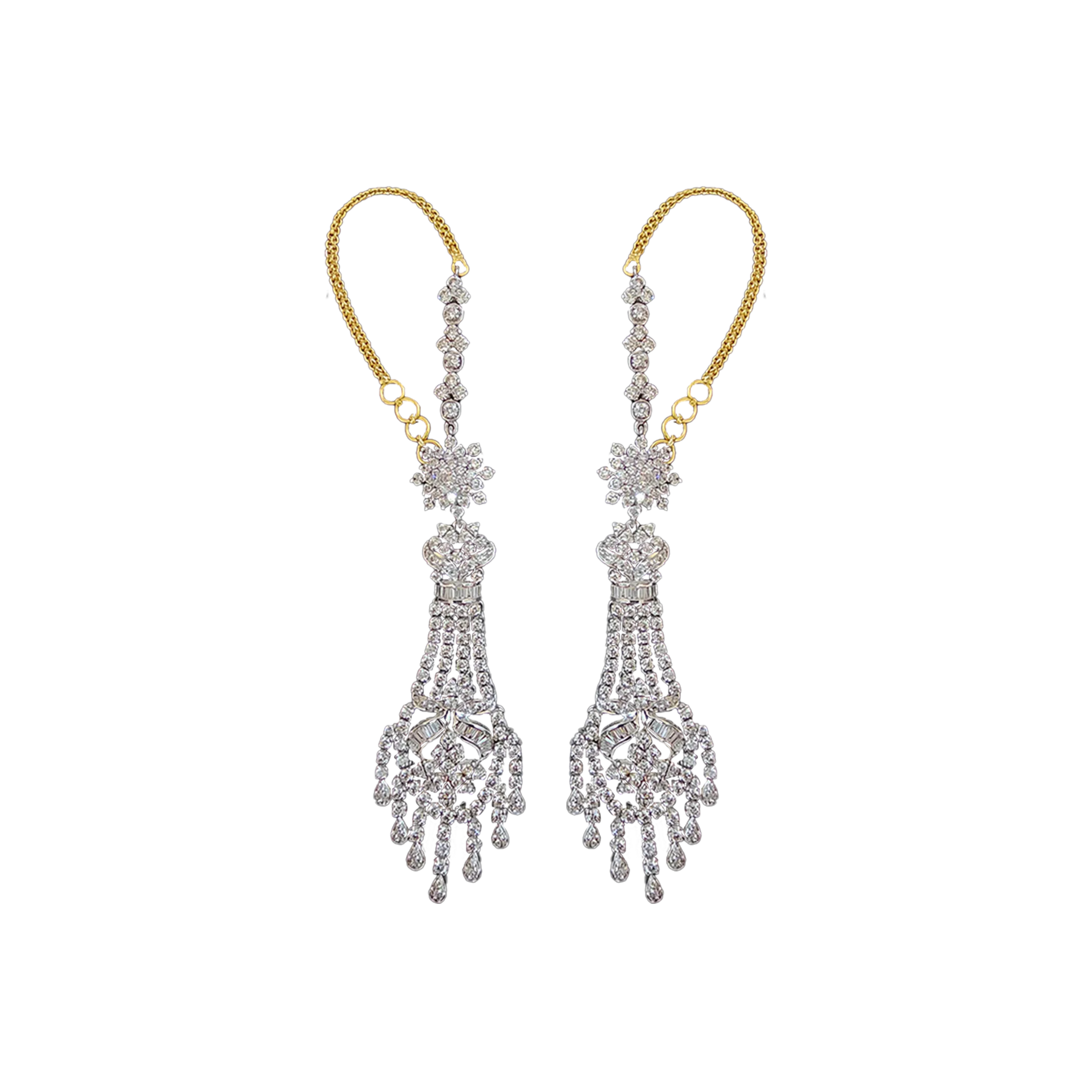 (BSD-26) Diamond Tops in 14kt Hallmarked Gold (Earring with Ear Chain in Diamond, Diamond 12.79 Grams, Gold-56.715 Grams)