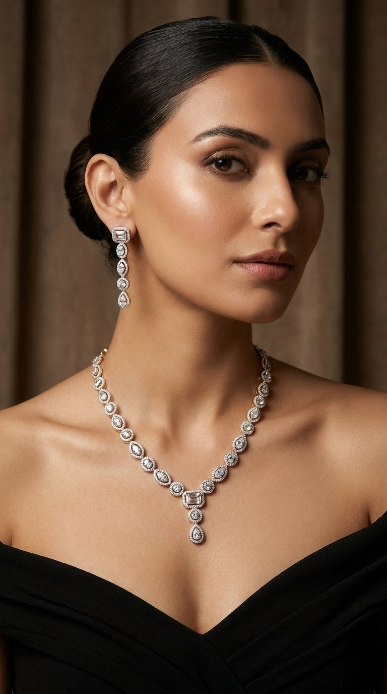 Labgrown Diamonds set (14ct Gold): Necklace: 36.67gm +   Earings: 14.98 gm,Total: 51.65gm(14ct Gold), Diamond: 20.86ct(N)+ 11.46ct(E), Total: 32.32ct (Labgrown Diamonds)