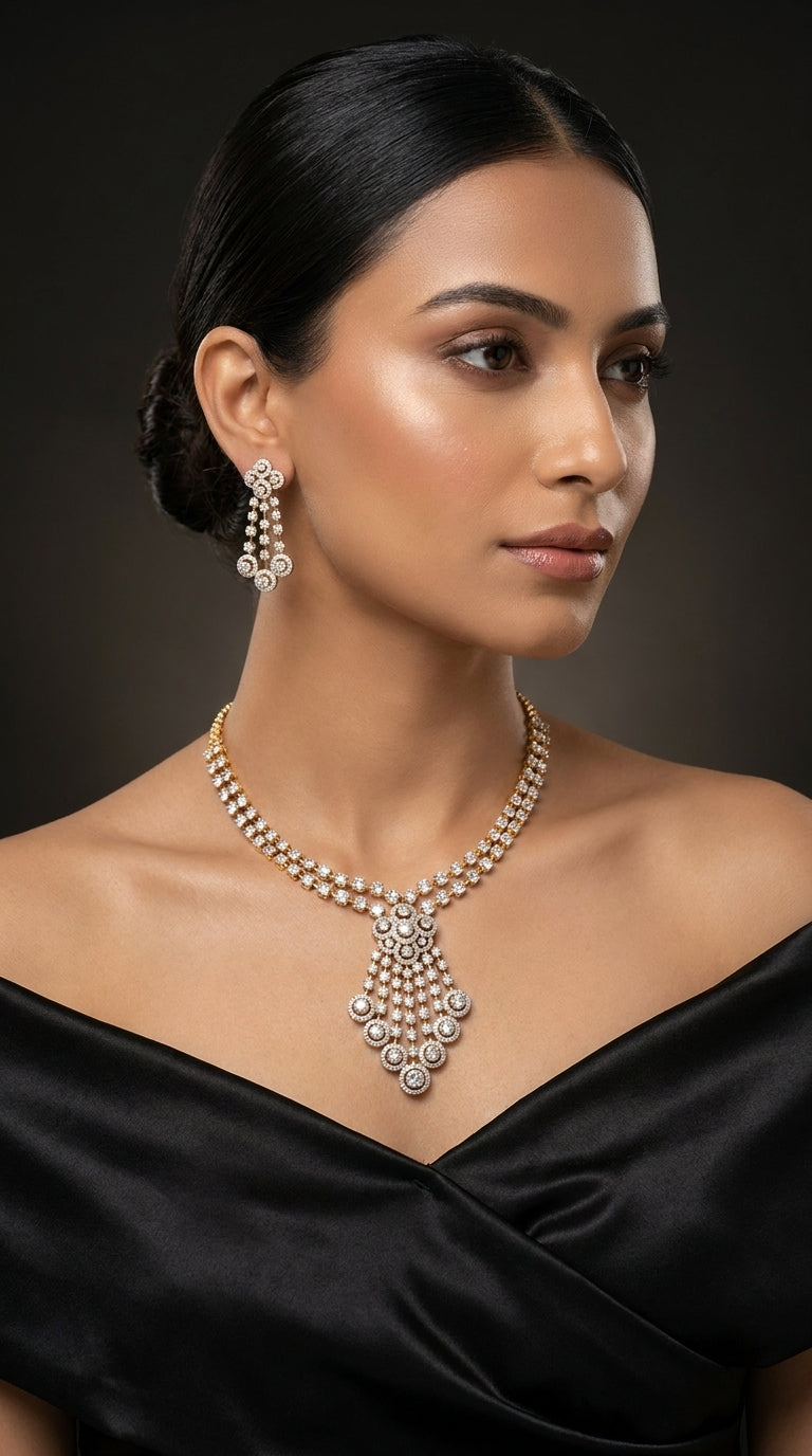 Diamond Necklace: 14.61ct, Earings: 4.59ct, Total: 19.20ct (Dia)+ Gold(14ct): 39.830gms(N)+ 12.90gms(E), :Total: 52.73gms(14ct)
