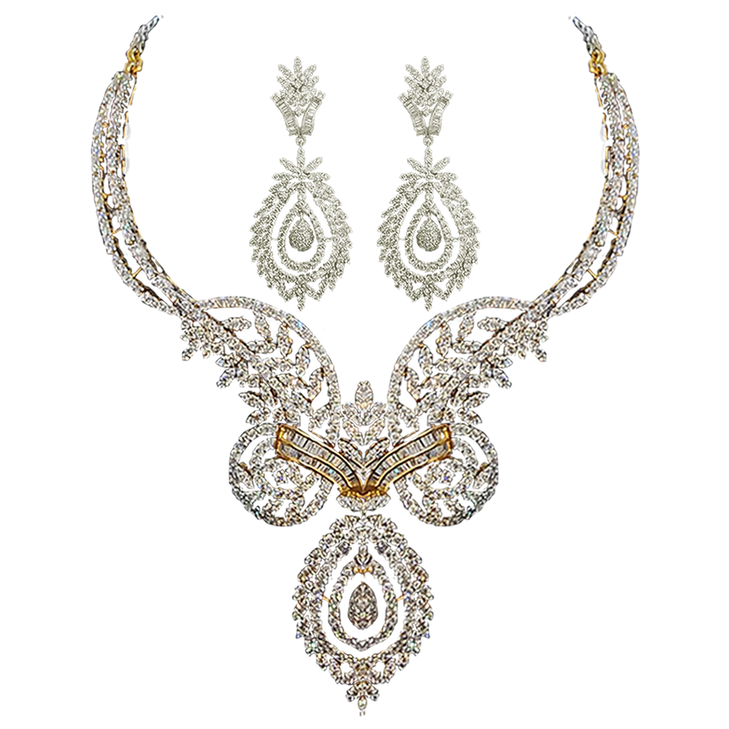 Necklace (MSD-78) and earring (TD-479) Diamond Necklace With Earrings Hallmarked (Necklace in Diamond Dia-15.71 ct, Gold - 60.207, in 14 kt Purity, Earring in Diamond Dia-11.52 ct, Gold-37.365, in 14 kt Purity)