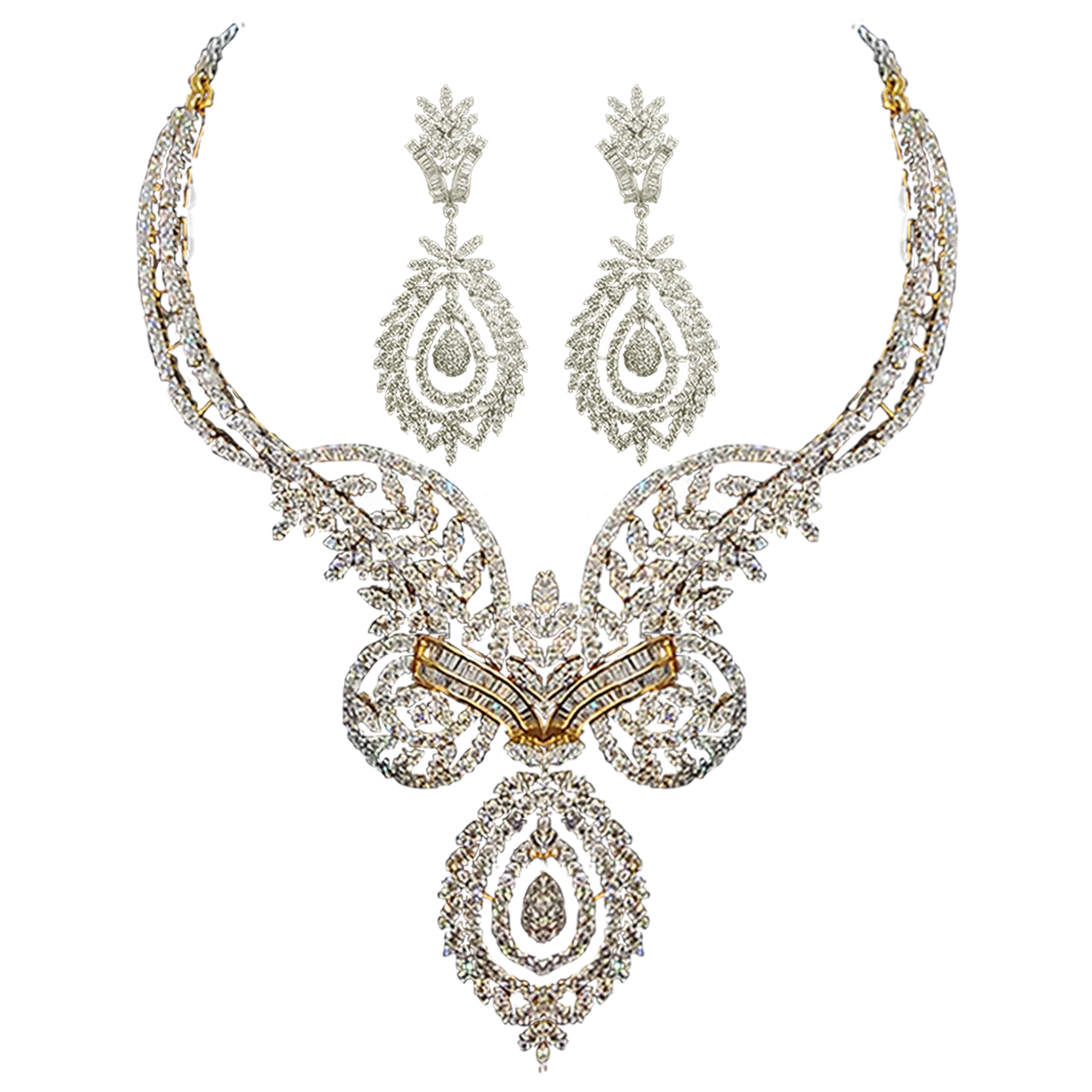 Necklace (MSD-78) and earring (TD-479) Diamond Necklace With Earrings Hallmarked (Necklace in Diamond Dia-15.71 ct, Gold - 60.207, in 14 kt Purity, Earring in Diamond Dia-11.52 ct, Gold-37.365, in 14 kt Purity)