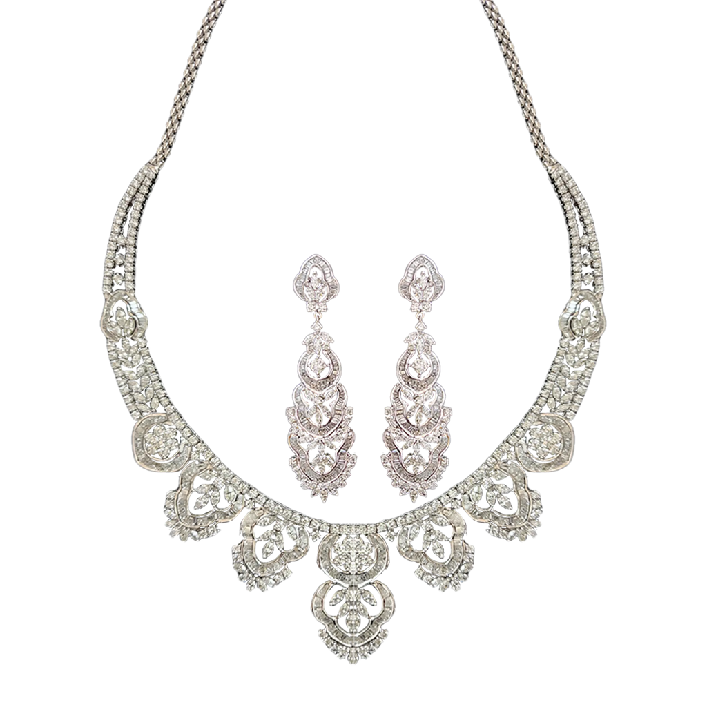 (Necklace BSD-23-A) (Earring BSD-23 -B) Diamond Necklace With Earrings Hallmarked (Necklace in Diamond Dia -21.53 ct, Gold -75.130, 18kt Purity, Earring in Diamond & Bkts Dia-8.97 ct, Gold - 30.220)
