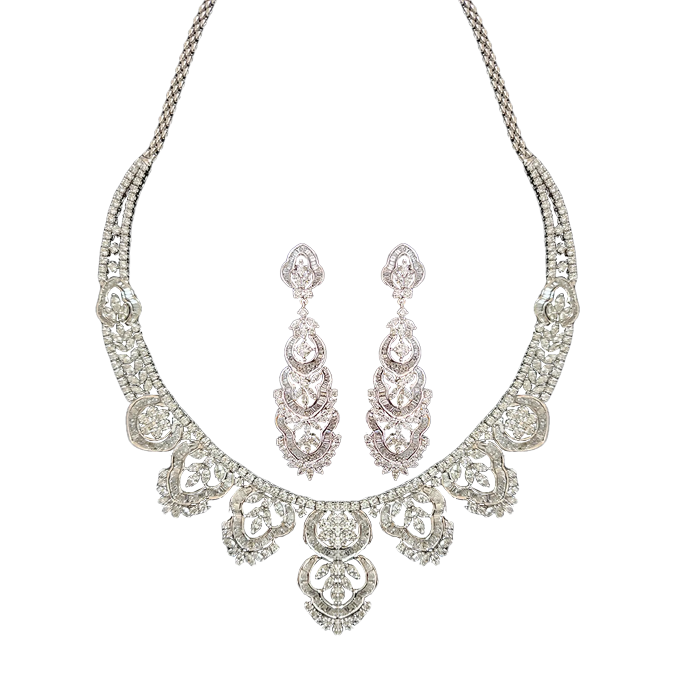 (Necklace BSD-23-A) (Earring BSD-23 -B) Diamond Necklace With Earrings Hallmarked (Necklace in Diamond Dia -21.53 ct, Gold -75.130, 18kt Purity, Earring in Diamond & Bkts Dia-8.97 ct, Gold - 30.220)