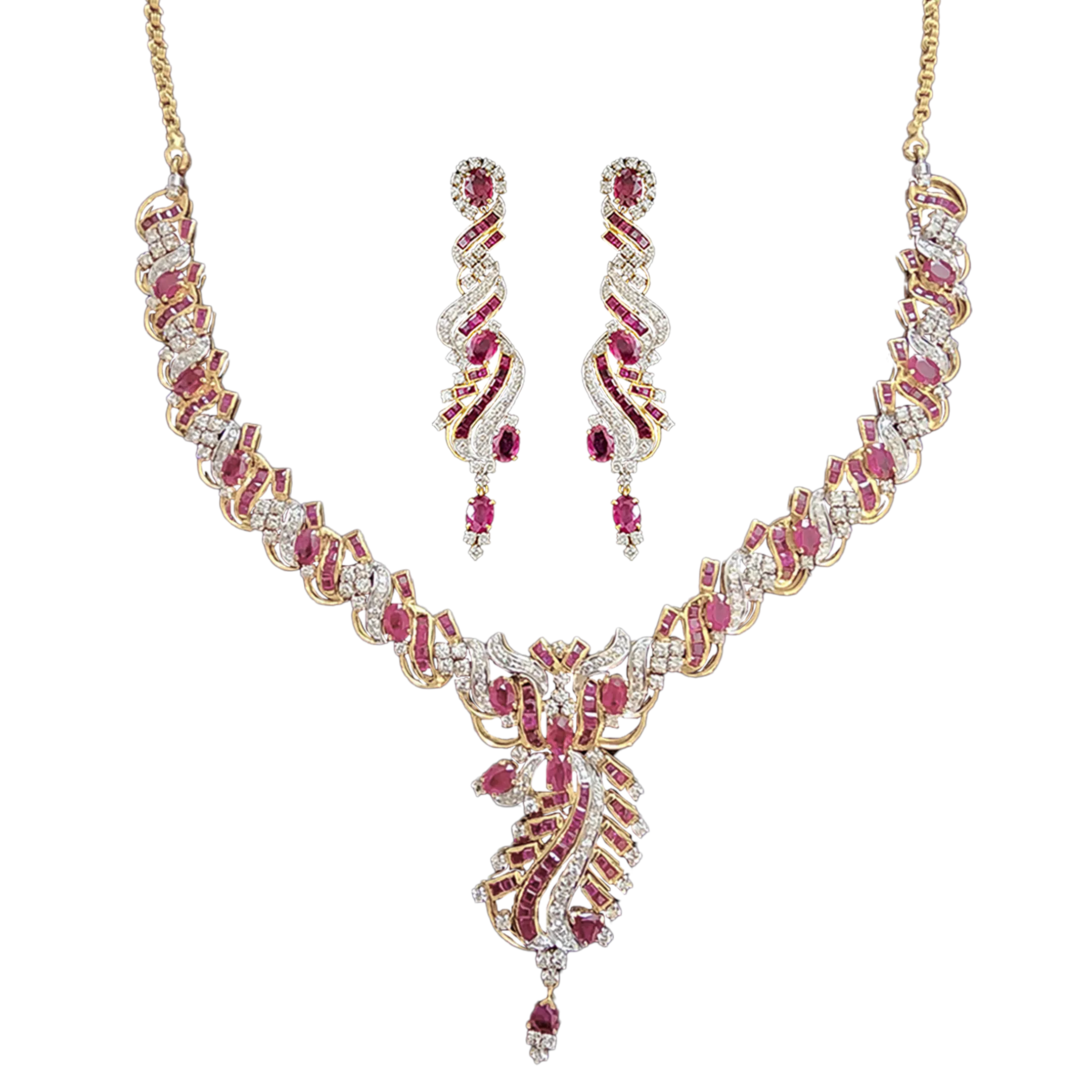 (Earring, TD-499) (Necklace, MSD-105) Diamond Necklace With Earrings Hallmarked (Necklace in Diamond with Rubies, Dia-5.60 ct, Gold - 68.170 in 18 kt Purity Earring in Diamond with Rubies Dia -2.96 ct, Gold - 27.385, in 14 kt Purity, Ruby - 14.97 ct)