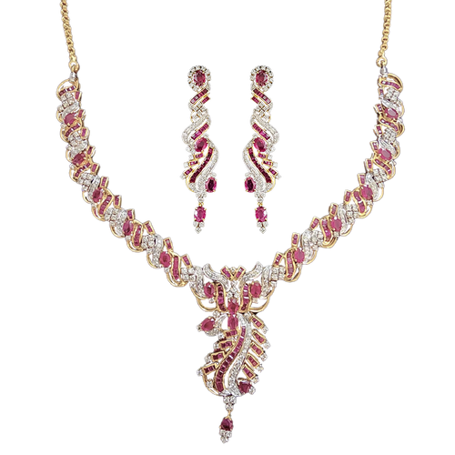 (Earring, TD-499) (Necklace, MSD-105) Diamond Necklace With Earrings Hallmarked (Necklace in Diamond with Rubies, Dia-5.60 ct, Gold - 68.170 in 18 kt Purity Earring in Diamond with Rubies Dia -2.96 ct, Gold - 27.385, in 14 kt Purity, Ruby - 14.97 ct)