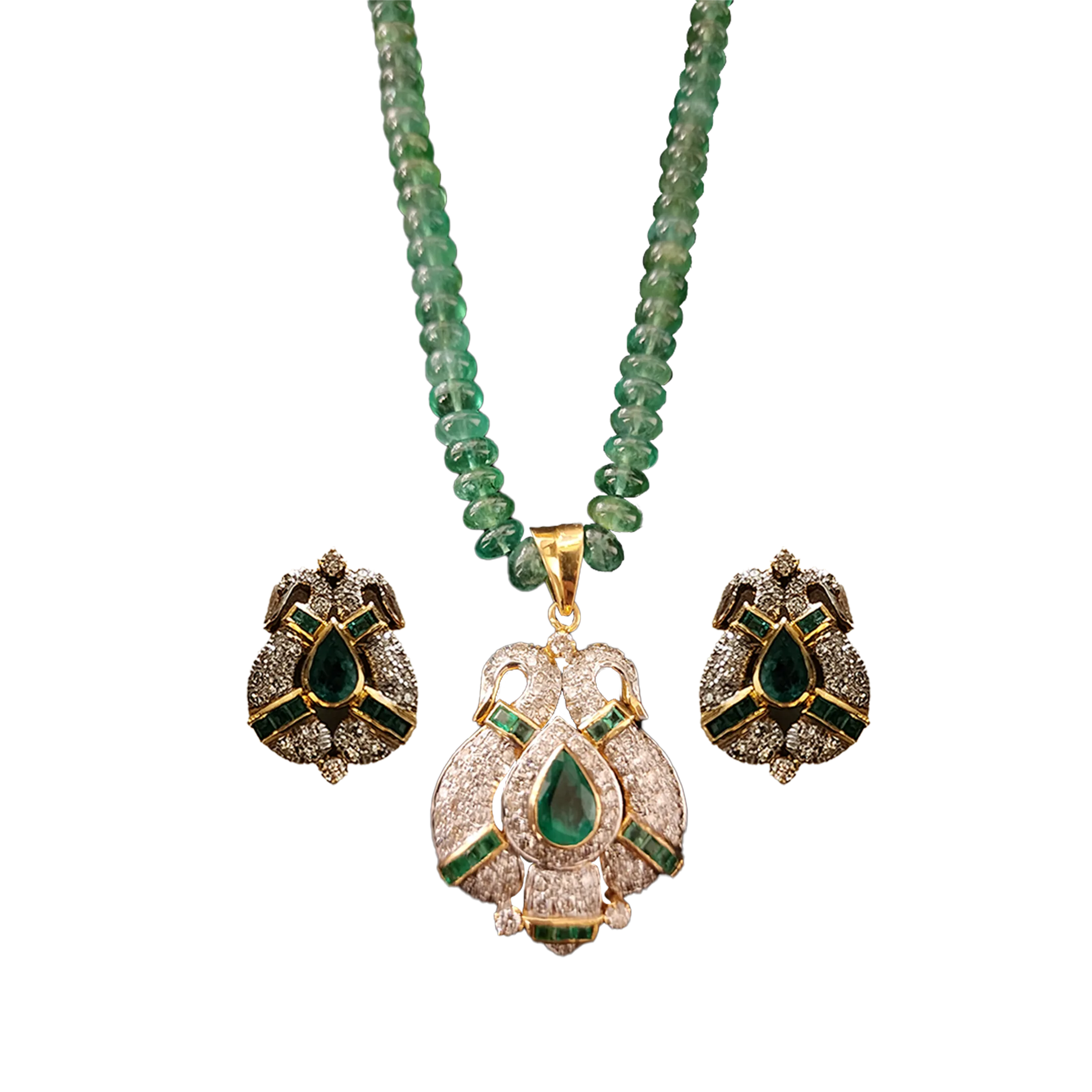 (PSD-57) Pendant Diamond-2.35 CT, Gold-14kt-10.700, Cost of panna Rs.3500, Panna String Rs. 3000, Earring Diamond-1.21 CT, Gold -14kt-10.700, Cost of panna Rs.2500